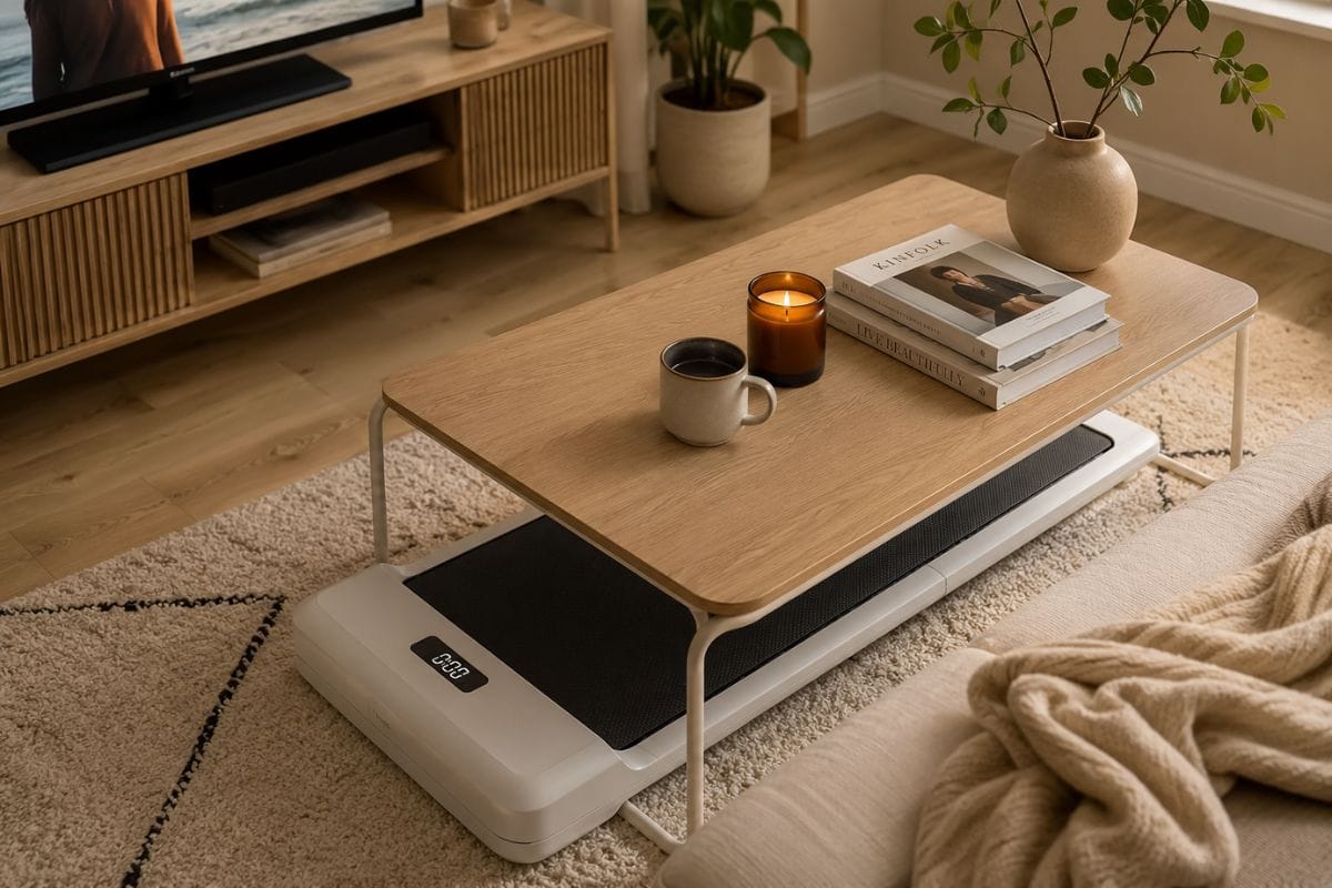 WalkingPad C2 set up under a coffee table in a small apartment for cozy cardio