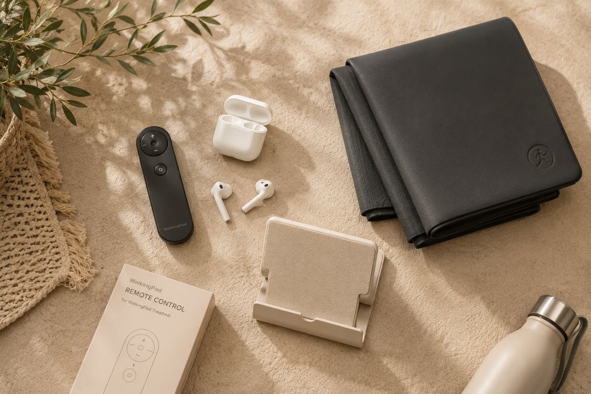 Flatlay of cozy cardio gear including walking pad, anti-fatigue mat, and earbuds