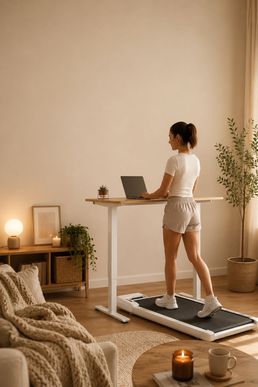 Cozy cardio walking pad routine Pinterest pin with woman in loungewear