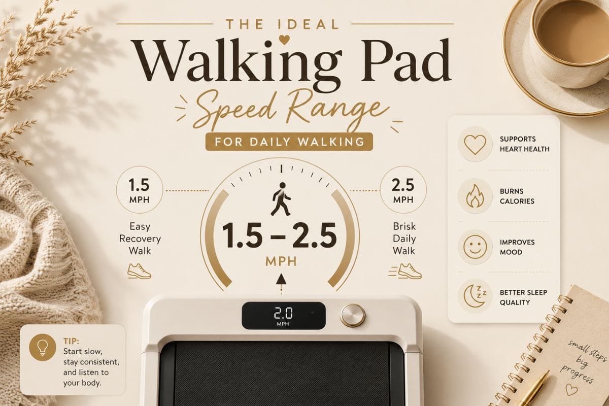 Infographic showing ideal walking pad speed range for cozy cardio, 1.5 to 2.5 mph