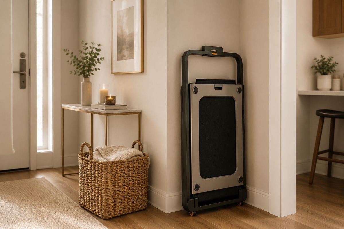 WalkingPad X21 folded upright against wall showing compact storage footprint in small apartment hallway