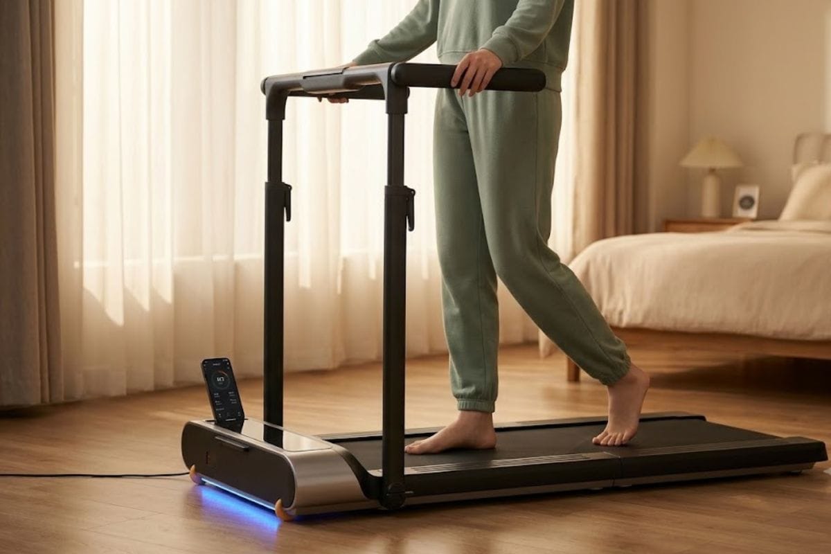 Woman walking on WalkingPad R3 Hybrid Plus treadmill using side handrail during home cardio workout