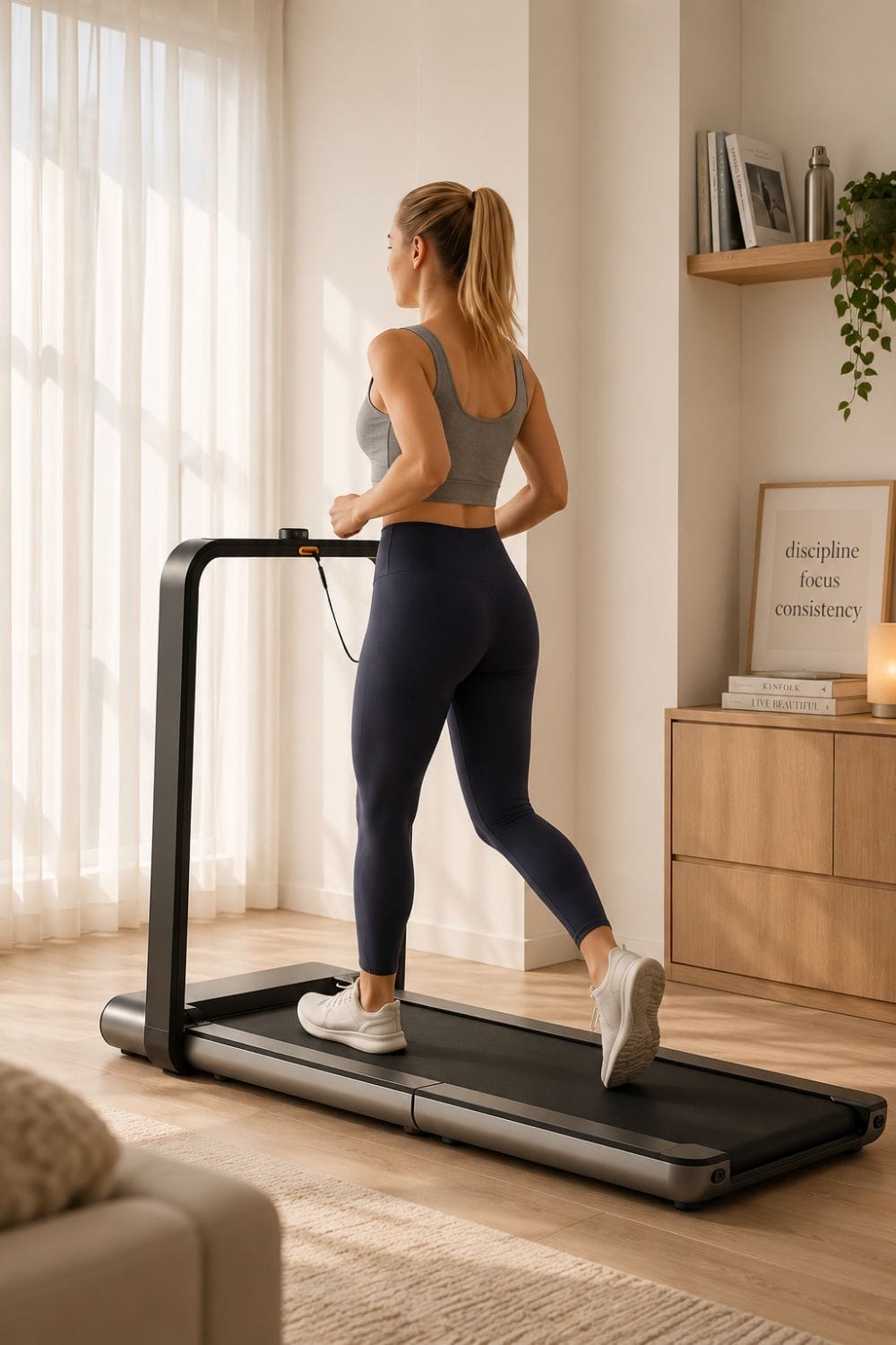 Woman walking on WalkingPad X21 under standing desk during work from home video call, minimal aesthetic setup