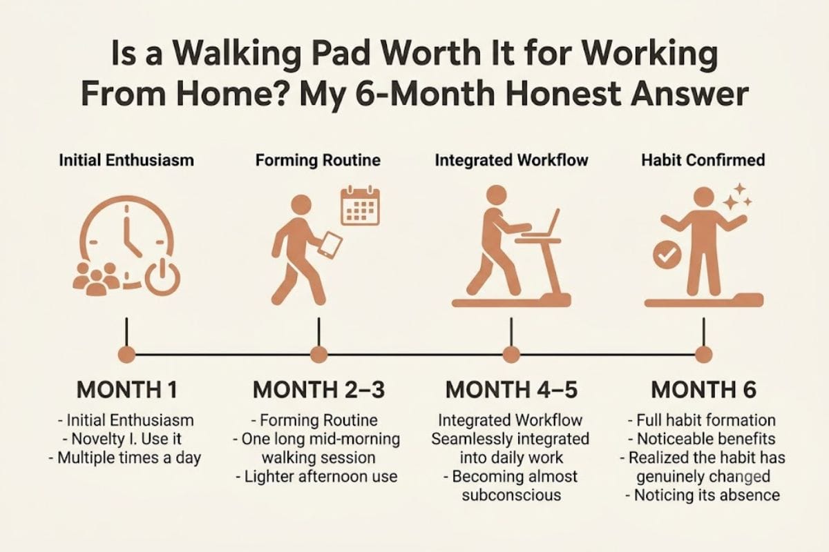 Six month walking pad usage timeline from novelty to daily habit