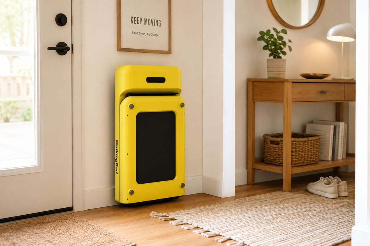 WalkingPad C2 folded upright showing compact storage for small apartments