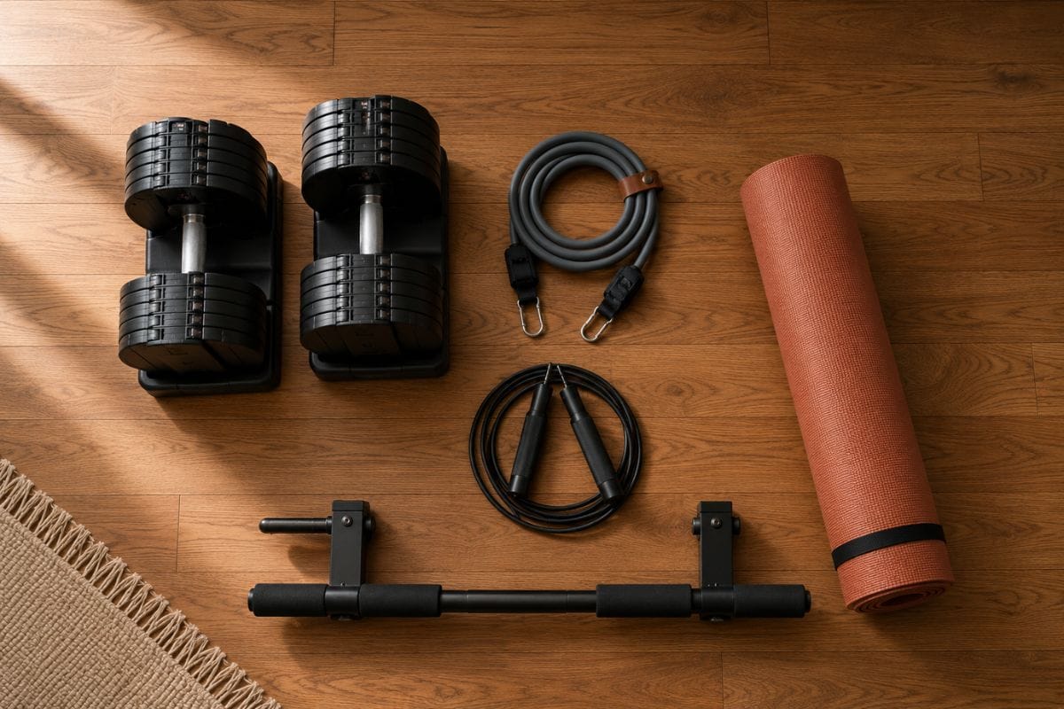 Overhead flatlay of a $500 home gym starter kit with adjustable dumbbells, resistance bands, a rolled mat, jump rope, and a door-frame pull-up bar