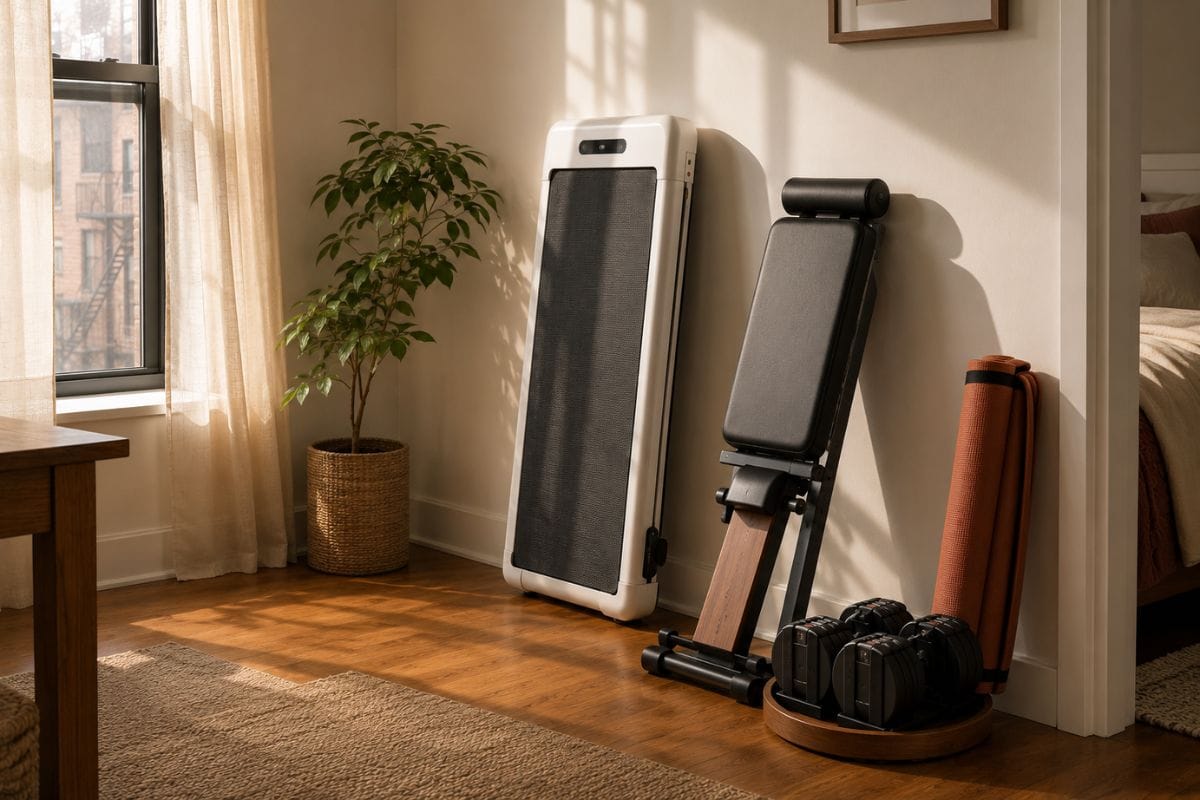 Styled apartment gym corner with a folded WalkingPad, foldable weight bench, and mid-range adjustable dumbbells on a wood tray