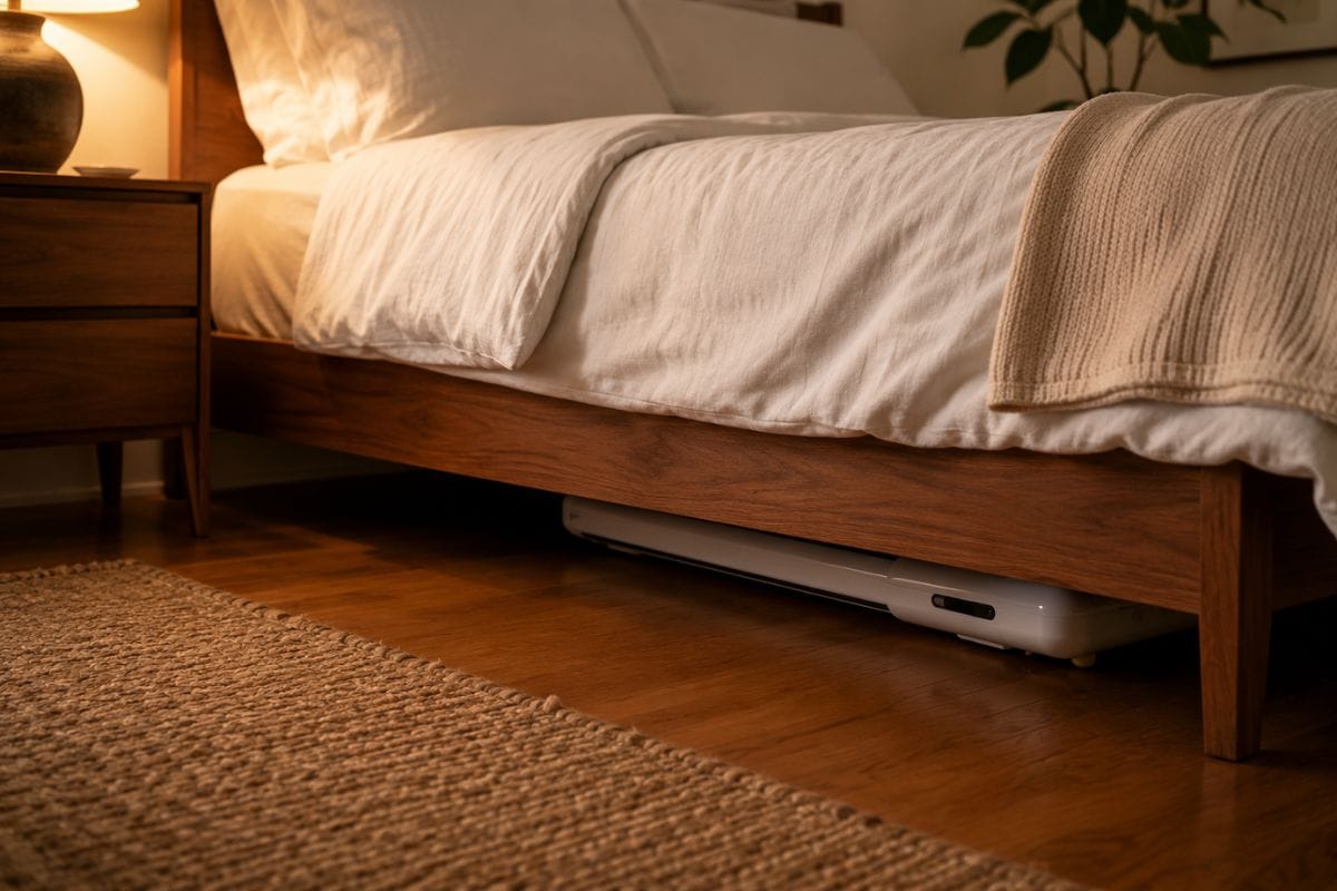 WalkingPad C2 folded flat and stored under a bed frame in a small apartment bedroom