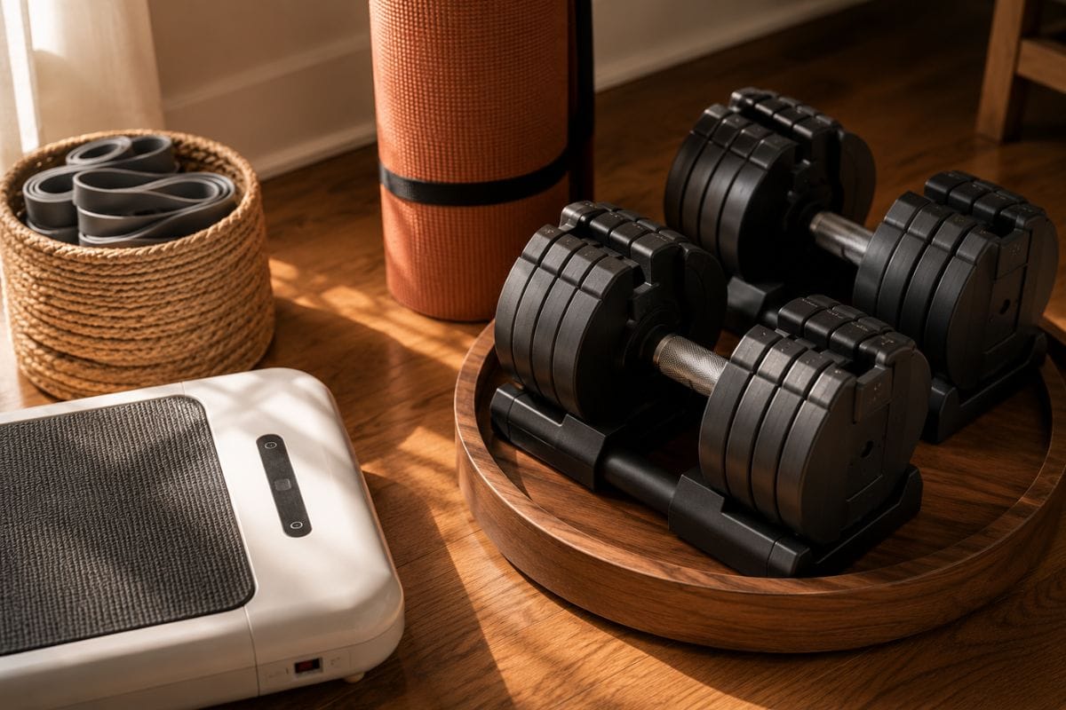 Warm neutral home gym accessories styled together, including a terracotta mat, walnut dumbbell tray, and cream WalkingPad base