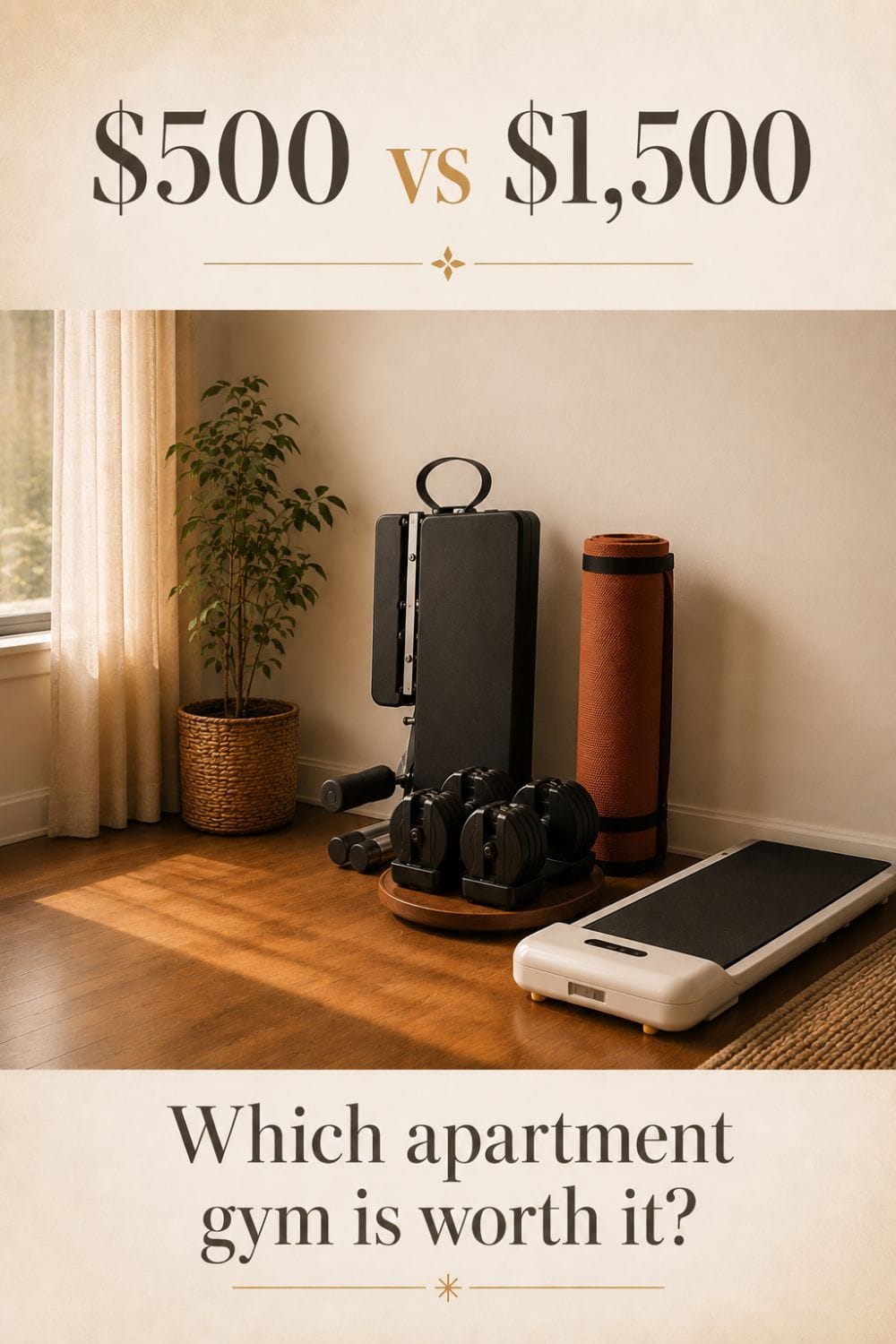 Pinterest pin comparing a $500 and $1,500 apartment home gym setup with text overlay reading $500 vs $1,500 which apartment gym is worth it