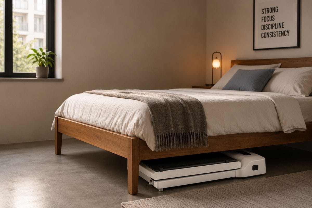 Folded WalkingPad Z1 stored underneath a platform bed in a small apartment.