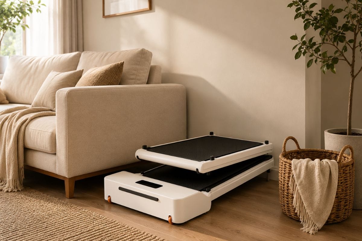 Folded WalkingPad Z1 showing its compact footprint beside a living room sofa.