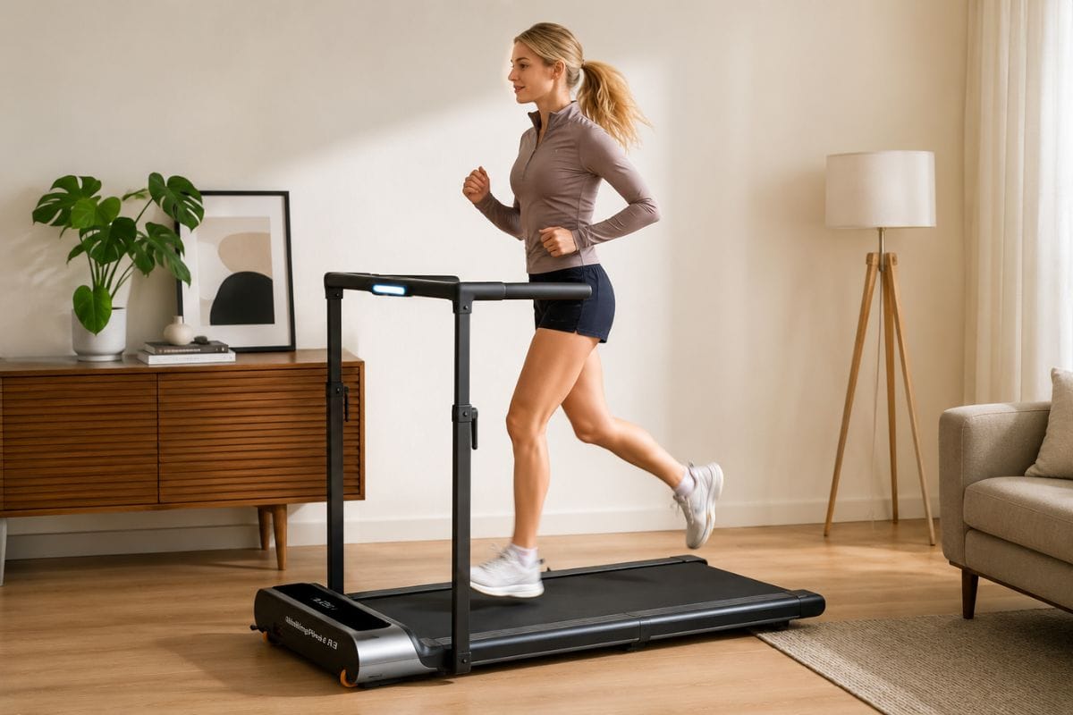 A person running at 6 mph on the WalkingPad R3 Hybrid+ treadmill with handrails raised.