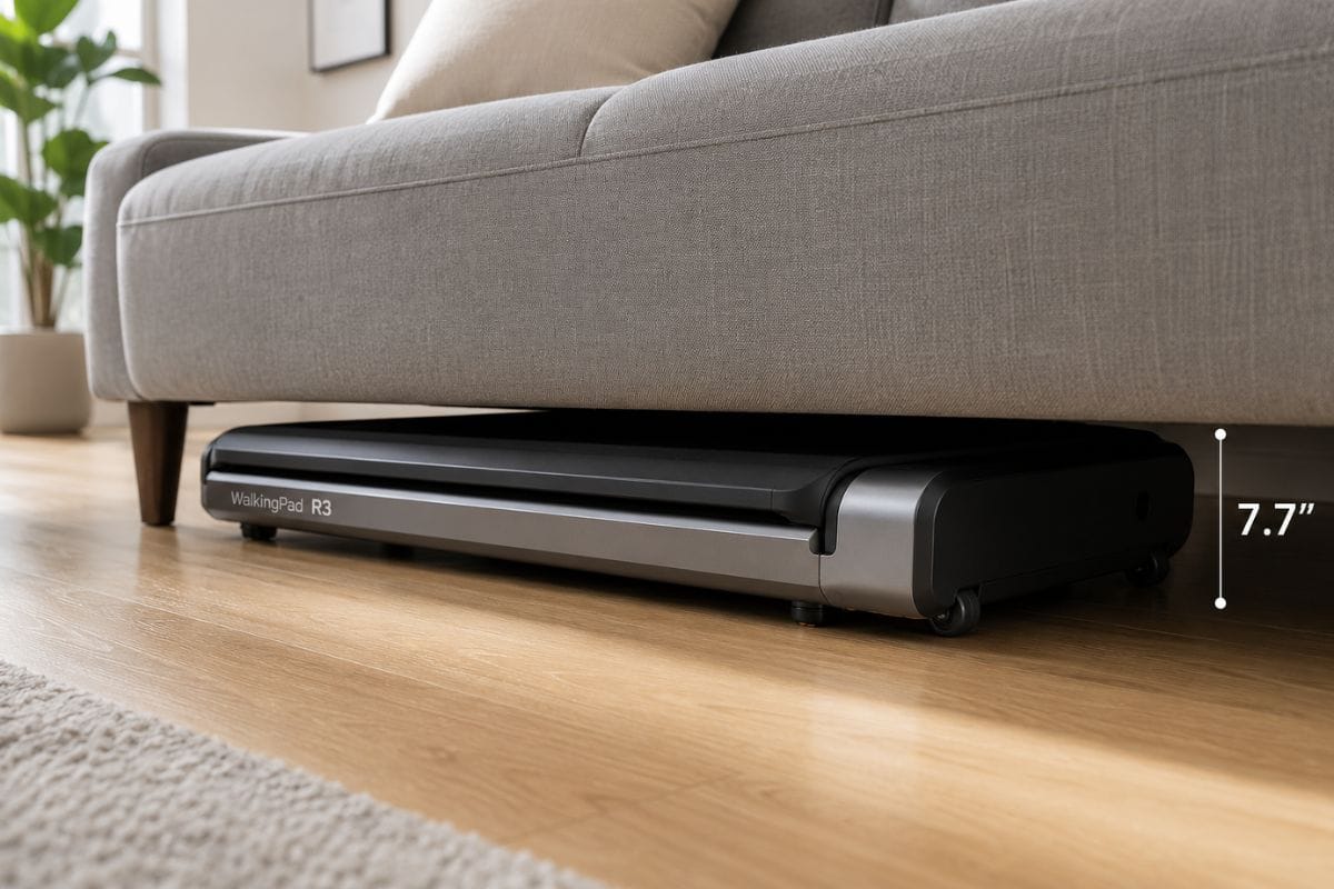 Folded WalkingPad R3 Hybrid+ treadmill showing its 7.7-inch height profile next to furniture storage.