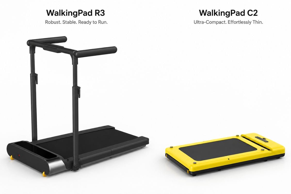 Side-by-side comparison of the heavy-duty WalkingPad R3 Hybrid+ and the compact WalkingPad C2.