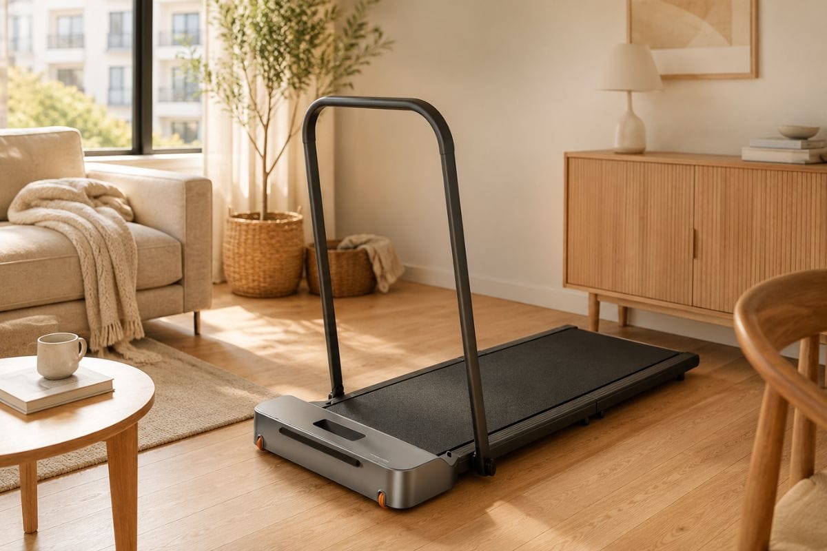 Compact walking pad treadmill folded beside a small desk