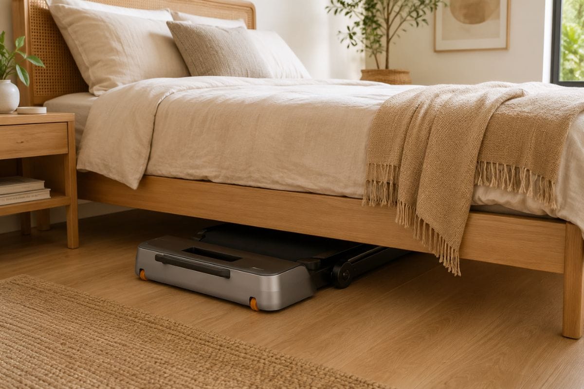 WalkingPad Z1R stored underneath a standard apartment bed