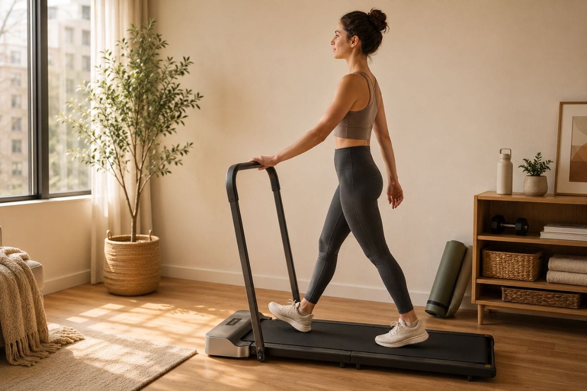 Person walking on the WalkingPad Z1R using the removable handrail