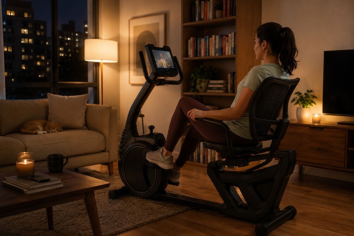 Quiet recumbent bike workout in an apartment during the evening