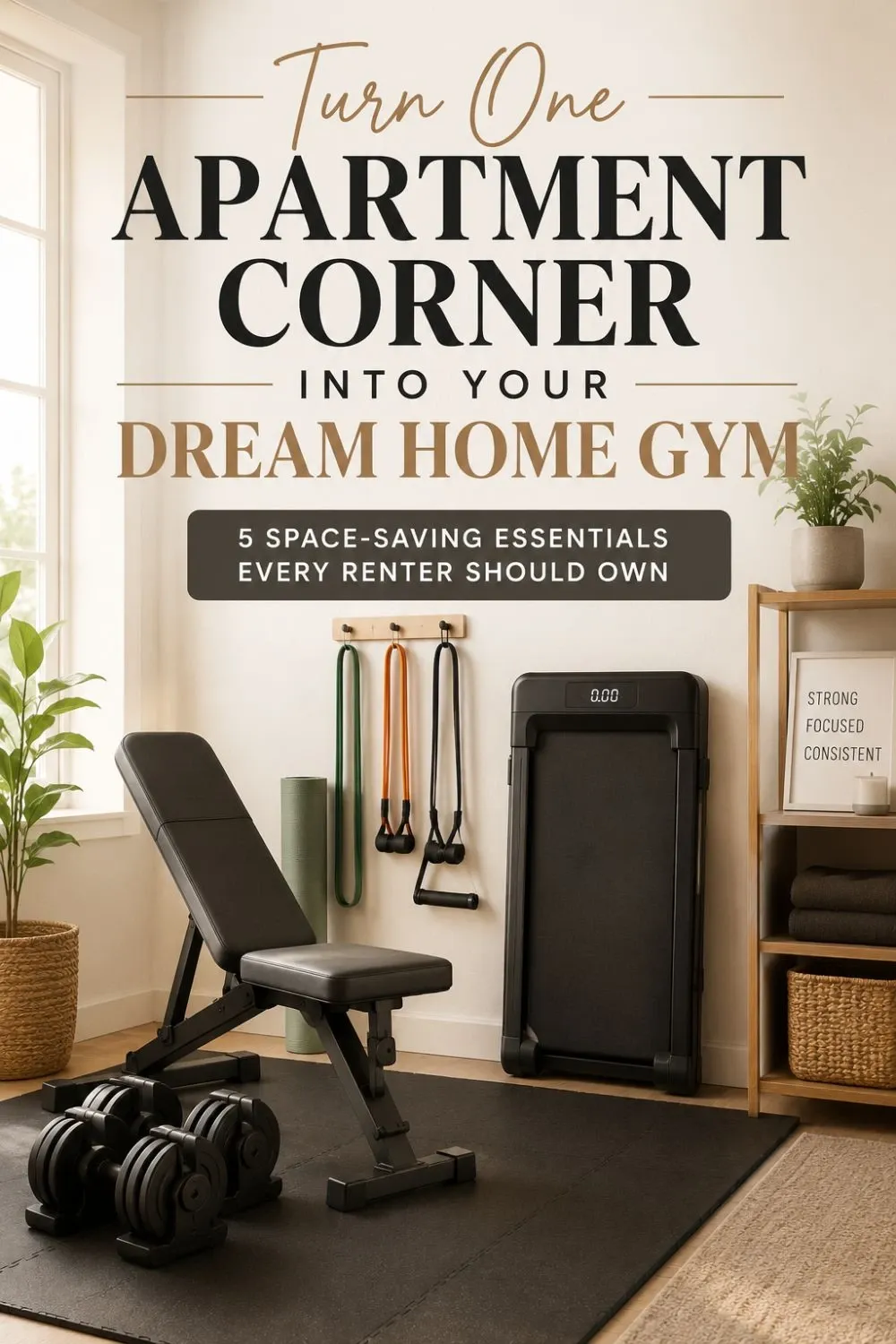 Apartment home gym ideas for renters with space-saving workout equipment.