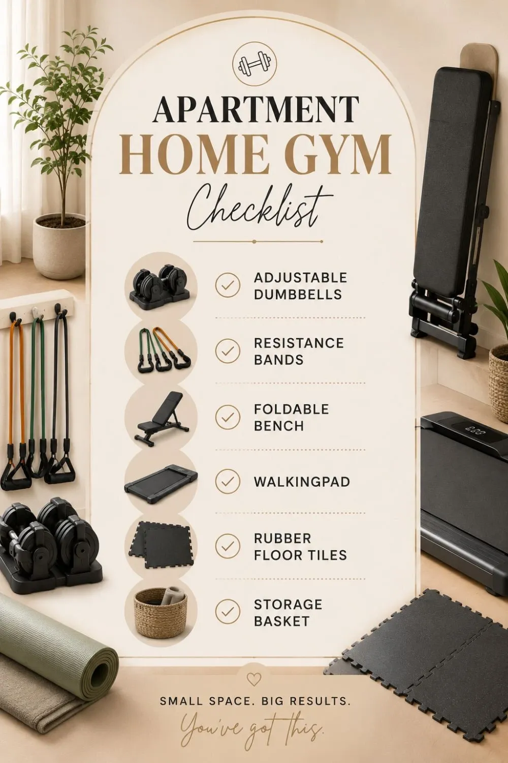 Checklist for building a small apartment home gym on a budget.