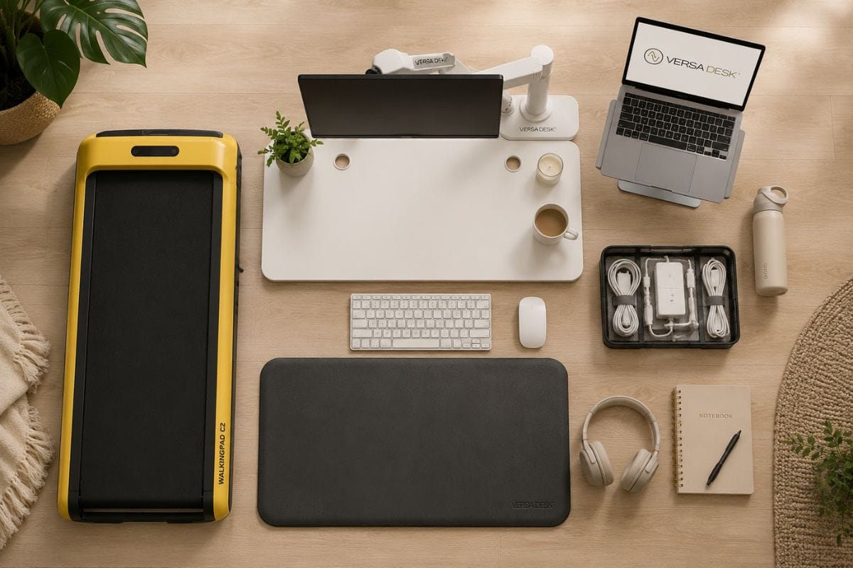 VersaDesk standing desk accessories and under desk walking pad configuration