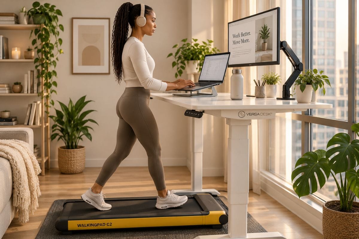 VersaDesk PowerLift 48x24 wobble test at 46 inches height on an under desk treadmill