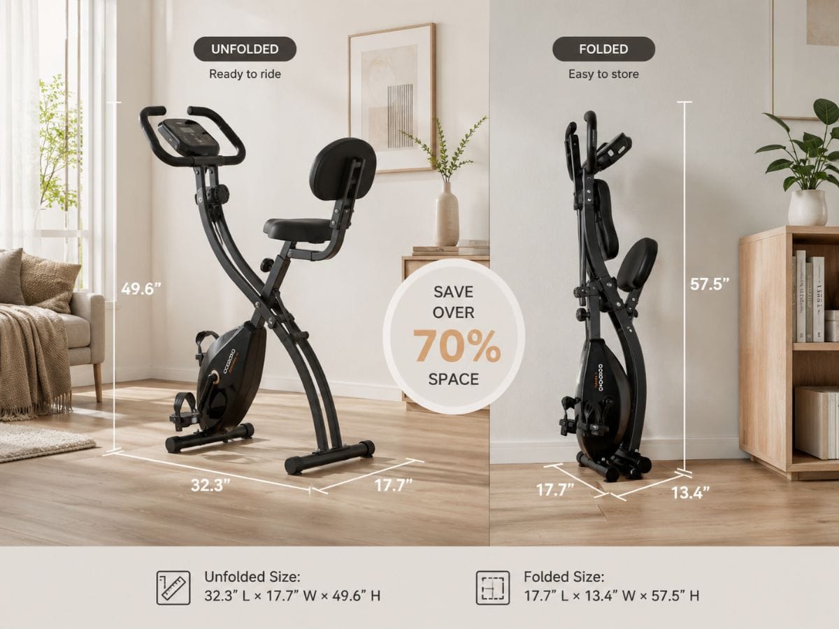 Folded versus unfolded foldable exercise bike size comparison for small apartments