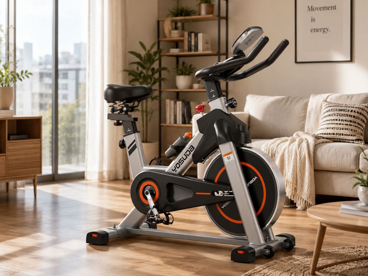 Compact exercise bike in a small apartment living room