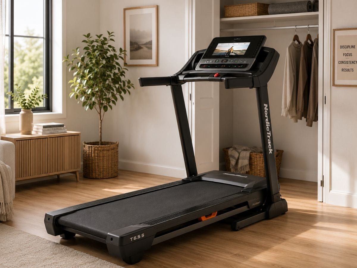 NordicTrack T 6.5 S folding treadmill with EasyLift storage inside a modern Scandinavian apartment
