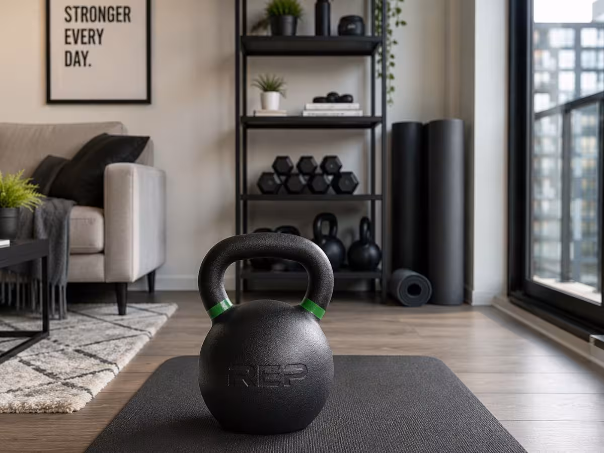 REP Fitness cast iron kettlebell with ergonomic handle for home strength training
