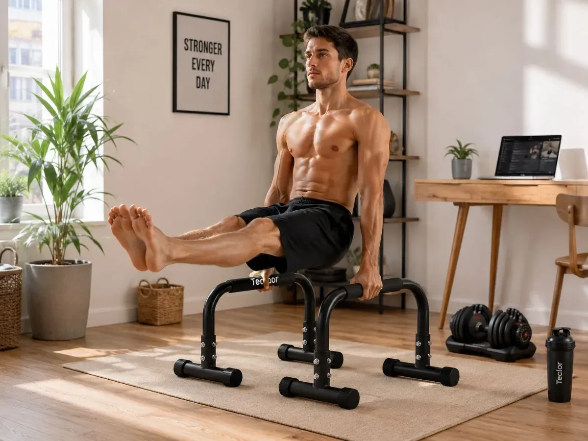 Teclor compact parallettes used for L-sits and calisthenics in a small apartment home gym