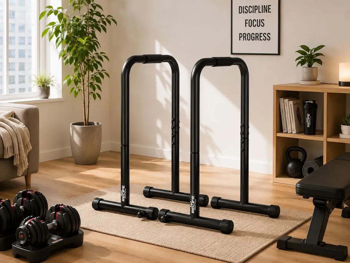 RELIFE adjustable dip station with height adjustment in a compact apartment workout space