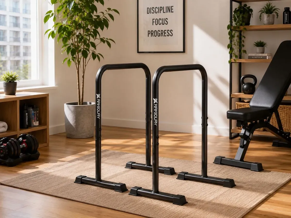 Heavy-duty 880 lb compact dip bars for weighted calisthenics in a home gym