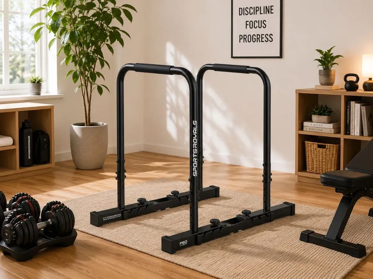 Sportsroyals adjustable dip station with push-up handles in a compact home gym