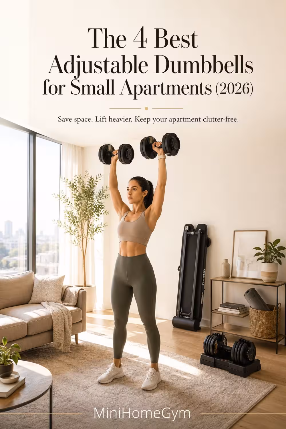 Person using adjustable dumbbells in a bright small apartment living room with a foldable bench and minimalist home gym setup.
