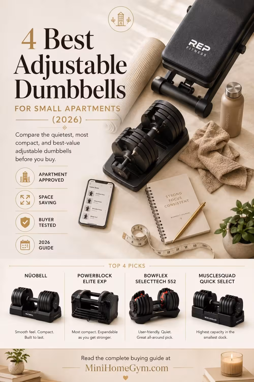 Pinterest infographic featuring the best adjustable dumbbells for small apartments with product comparison and buying guide highlights.