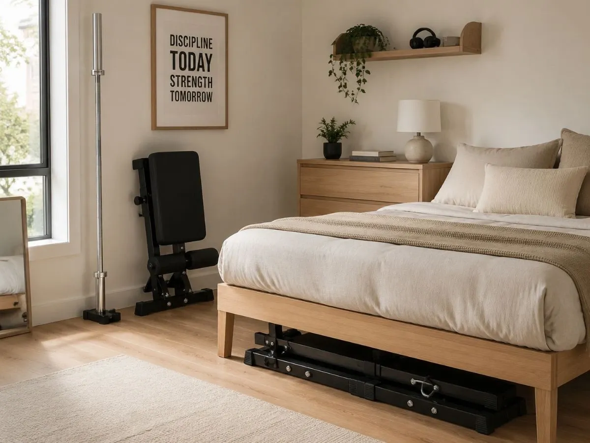 F2C adjustable squat rack stands stored beneath a bed in a minimalist apartment home gym.