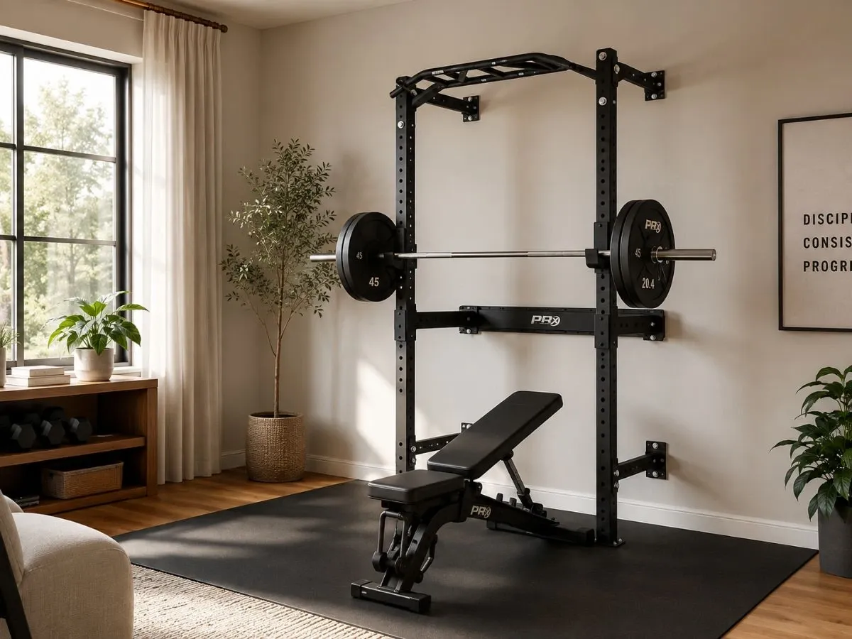 PRx Performance Profile One wall-mounted folding power rack with Olympic barbell in a modern small apartment home gym.