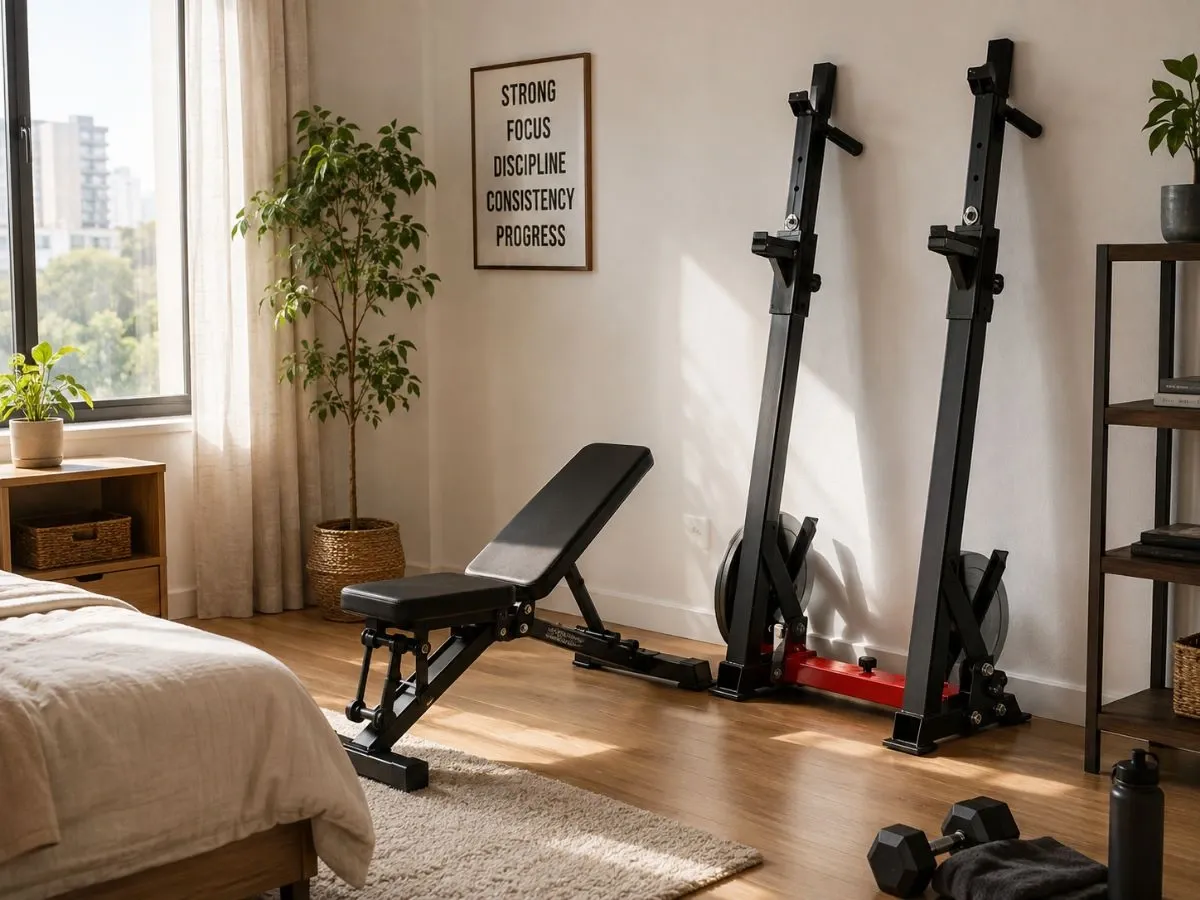 Yes4All folding squat rack stored neatly against the wall inside a compact apartment bedroom home gym.