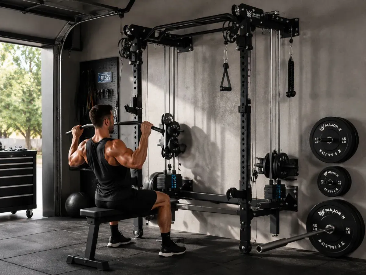 Major Fitness F35 wall-mounted folding power rack with integrated cable pulley system inside a compact luxury home gym.