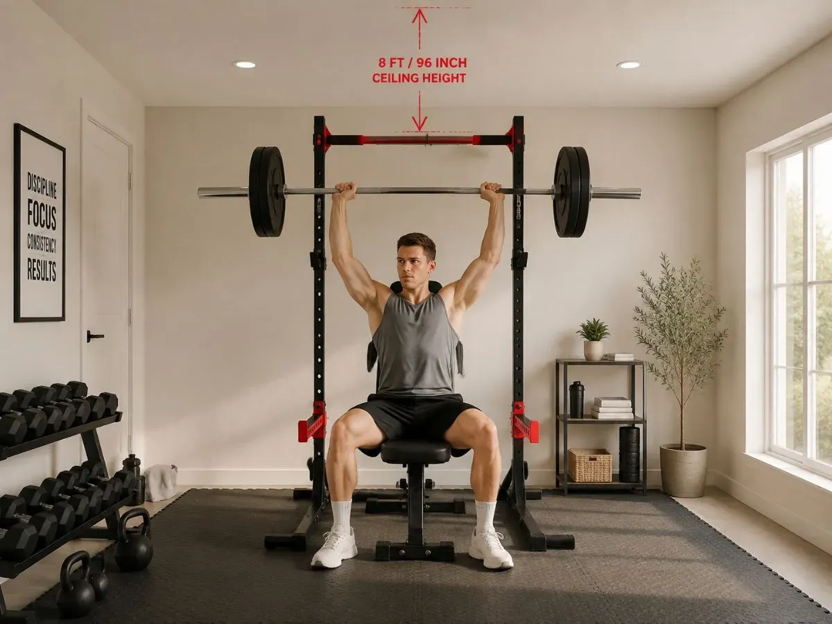 FLYBIRD adjustable squat rack inside a compact apartment home gym with low ceiling clearance.