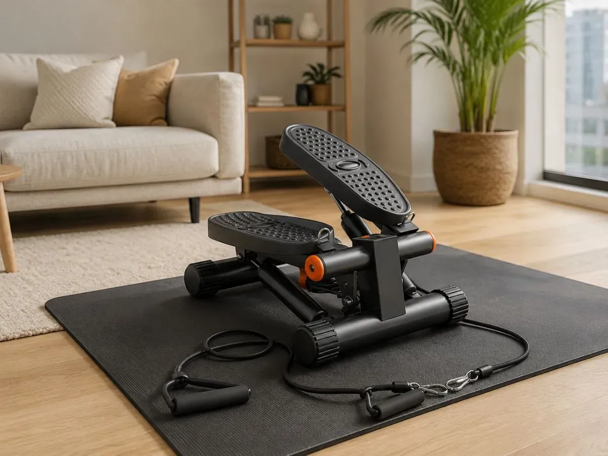 Niceday Mini Stepper on a rubber exercise mat in a modern apartment living room