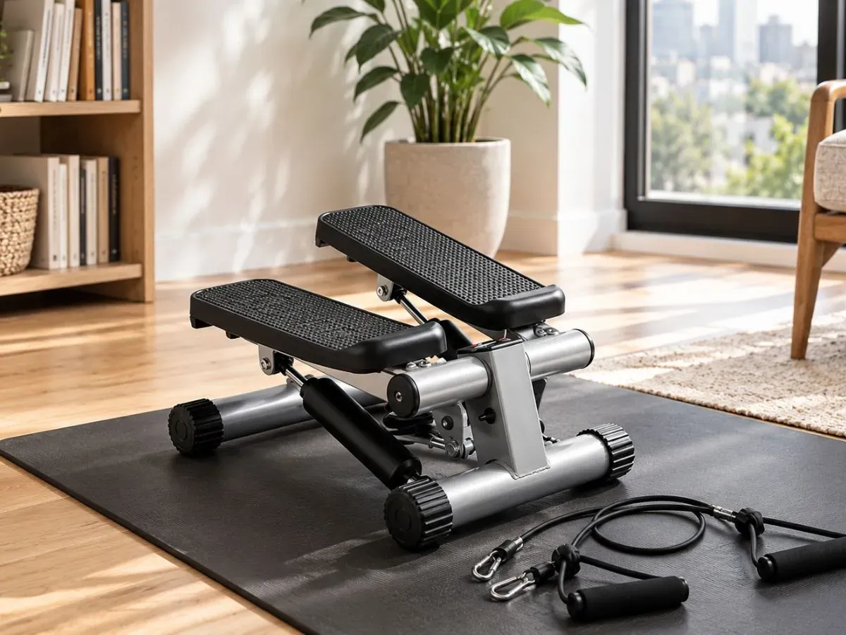 Sunny Health and Fitness Mini Stepper in a modern apartment workout space