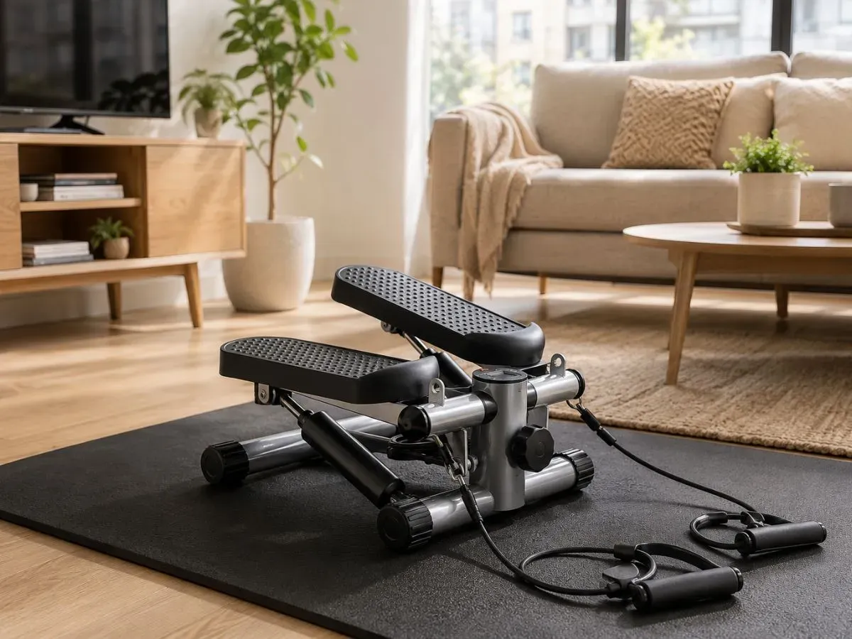 Sweetcrispy Mini Stair Stepper with resistance bands in an apartment living room