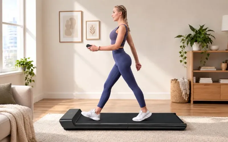 Woman walking on one of the best walking pads for apartments in her home