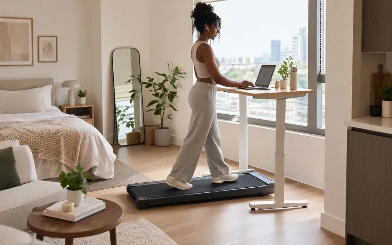 Woman using a walking pad at a standing desk in a small apartment