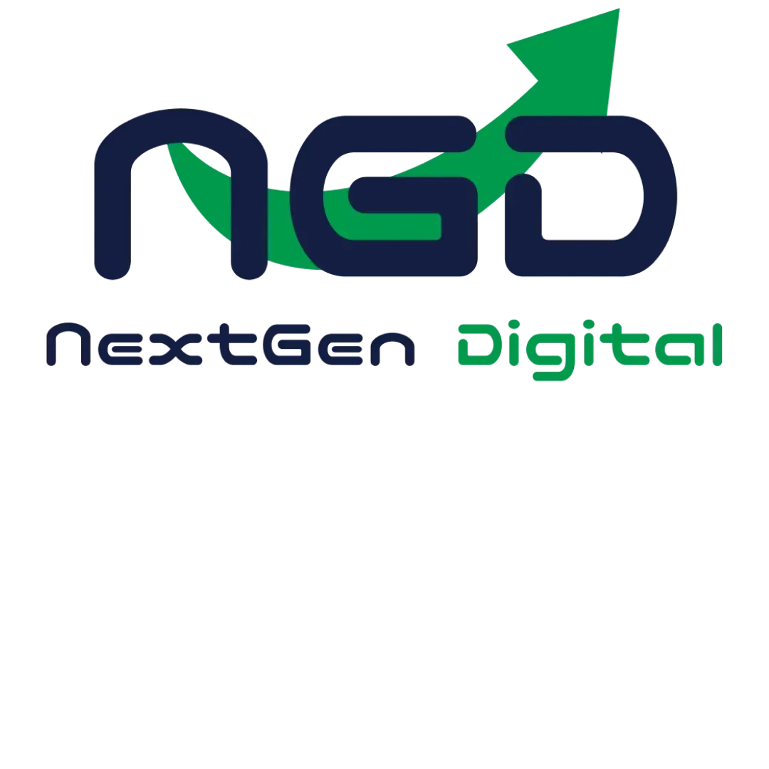 Лого на NextGen Digital – NGD во темносини букви со зелена стрелка нагоре, текст „NextGen Digital“ под него, на светлосива позадина. NextGen Digital лого - модерен дизајн со темно сини букви 'NGD' и зелена стрелка што покажува раст и напредок во дигиталниот маркетинг