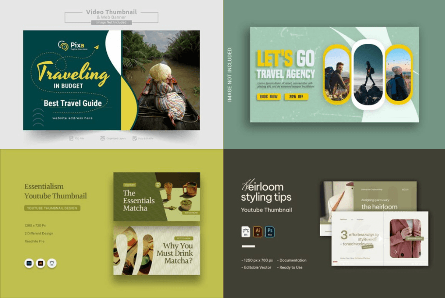 Dark green moody travel nature vlog thumbnail template canva