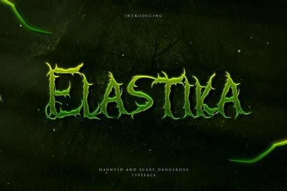 The Halloween Style Font Elastica - Sharp, uneven strokes that feel lifted straight from a vintage horror movie poster — one of the moodier picks on this list, with little of the cartoon warmth found elsewhere.  Best for: Horror-themed branding, moody Halloween invitations.